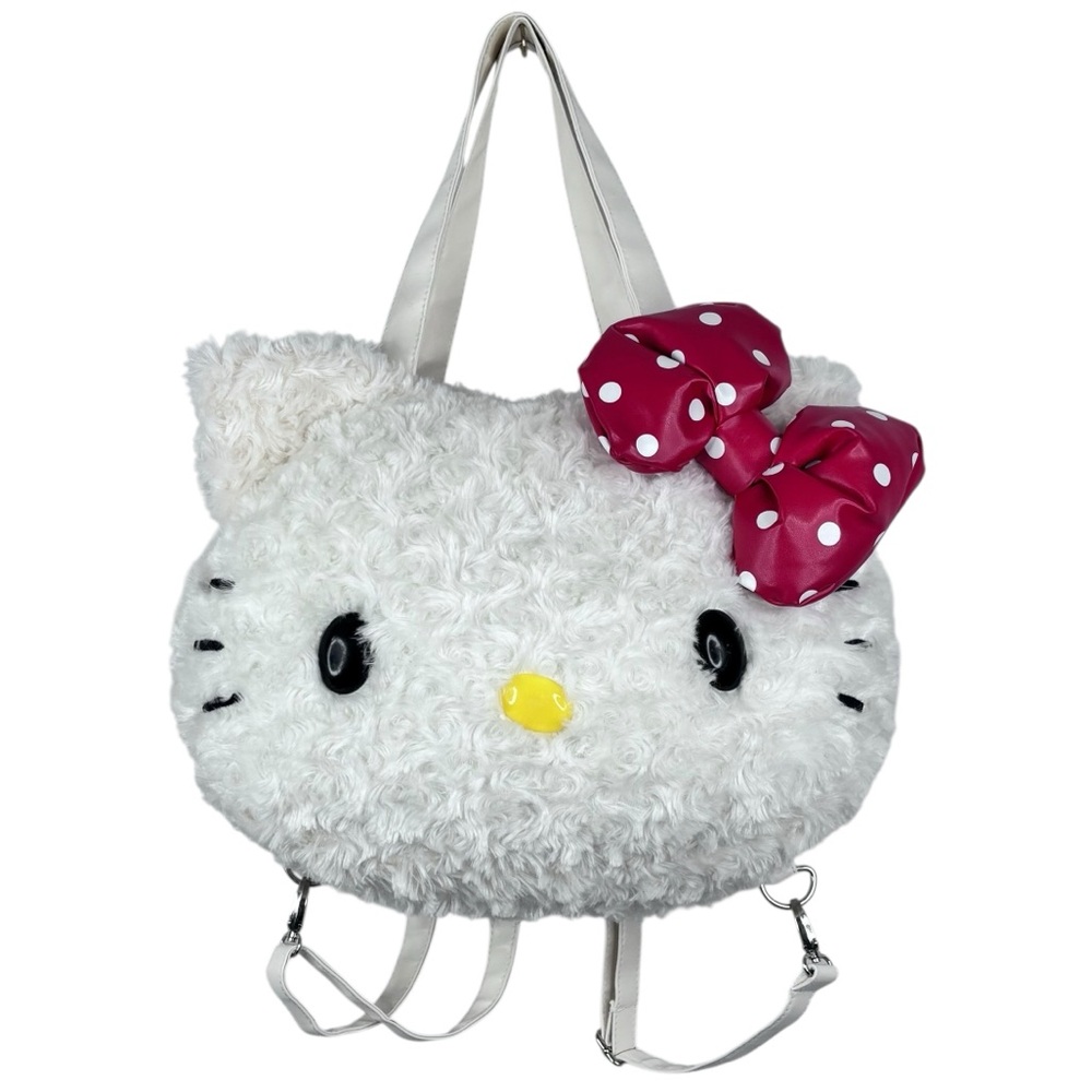 Sanrio Large Hello Kitty Head White Plush Red Bow Convertible Backpack Purse